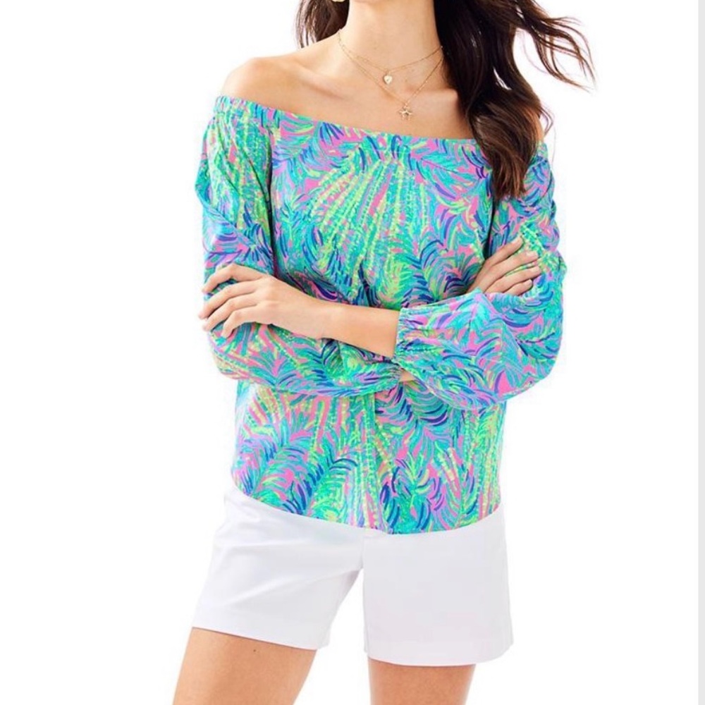 Lilly Pulitzer Adira silk off the shoulder top Small Pink Sunset Coco Breeze - Picture 2 of 10